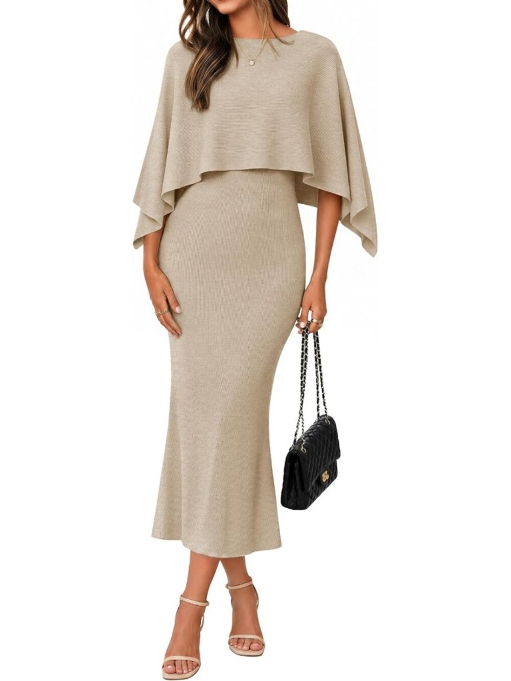 Chic Fall Two-Piece Outfit Set | Cozy Shawl Poncho & Bodycon Dress Combo